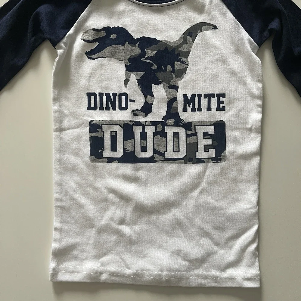 NWT Children's Place Boy's Size 4T Pajama Top Dinosaur‎ Dude Henley White Vlue
